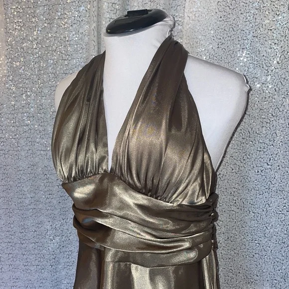 Fabulous Olive Satin Halter Dress - Picture 2 of 5
